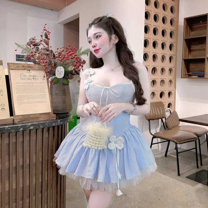 Bb66 Váy Dây Đính Hoa Chân Lưới Xoè ảnh thật tôn dáng nữ tính ,38-54kg szS M