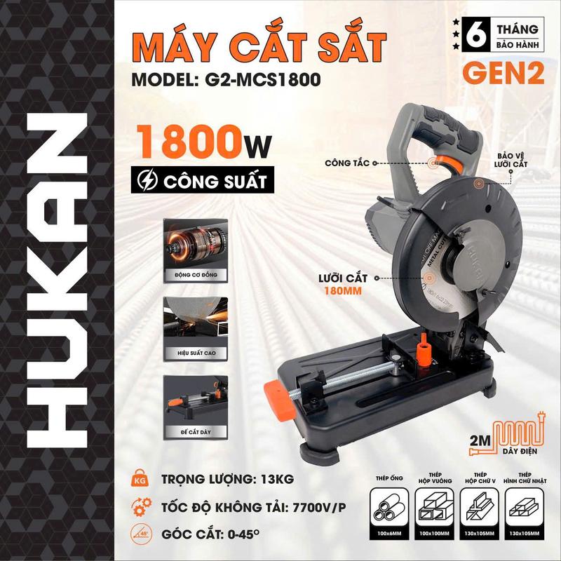 Máy cắt sắt mini 180mm Hukan G2-MCS1800 - công suất - 1800w- tốc độ không tải 7700v/ phút- dây đồng