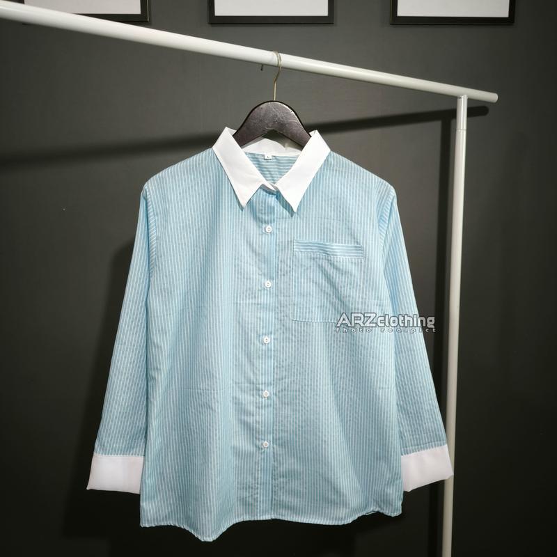 Kiyora Suzy Salur Lidi Kemeja Wanita Lengan Panjang - Stripe Shirt Kombinasi Putih Korean Style 5