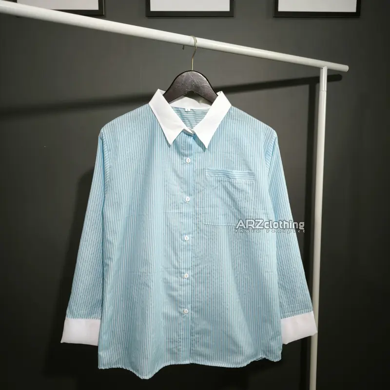 Kiyora Suzy Salur Lidi Kemeja Wanita Lengan Panjang - Stripe Shirt Kombinasi Putih Korean Style 4