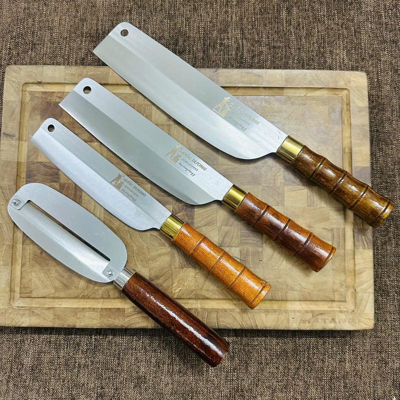 Combo 4 dao thái, lọc, gọt hoa quả thép trắng Nhật không han gỉ, cán trúc.