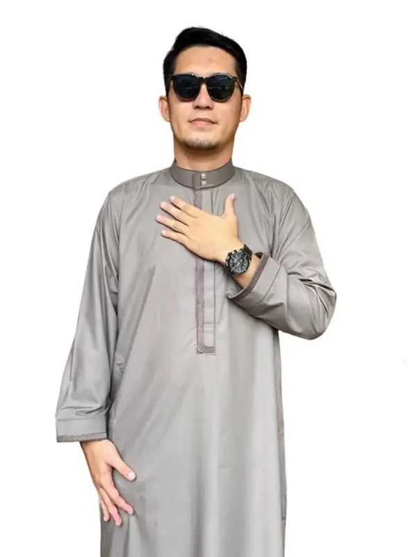 Jubah Gamis Reguler Pria Muslim Dewasa SOLLU 3 Lengan Cuff/Tanpa Kancing Bahan Katun Flat grey gamis  pria 6