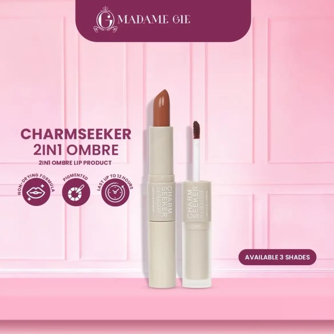[READY] MADAMEGIE CHARMSEEKER 2 IN 1 PERFECT OMBRE LIPSTICK LIPMATTE - MAKE UP SOFT MATTE FINISH
