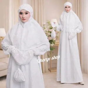 Gamis Putih Haji Umroh Wanita Satu Set Komplit Katun Paris Bordir Pakai Furing | Bergo Sarung Tangan & kantong Batu | Nyaman & Tidak Menerawang Formal Lembut Wanita Muslim Panjang Menyusui Syari Dress Kain Putih Kombinasi