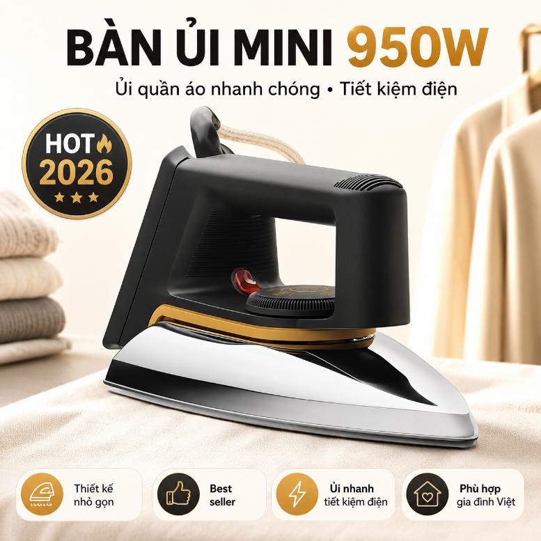 Bàn Ủi Khô Mini 950W Nóng Nhanh, Đế Nhôm Chỉnh Nhiệt Linh Hoạt, Bàn Là Quần Áo Nhỏ Gọn Dễ Dùng, Tiện Mang Đi Du Lịch