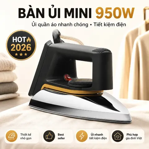 Bàn Ủi Khô Mini 950W Nóng Nhanh, Đế Nhôm Chỉnh Nhiệt Linh Hoạt, Bàn Là Quần Áo Nhỏ Gọn Dễ Dùng, Tiện Mang Đi Du Lịch