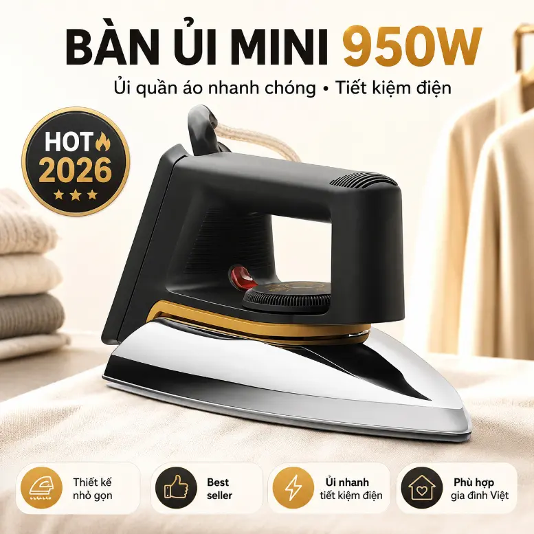 Bàn Ủi Khô Mini 950W Nóng Nhanh, Đế Nhôm Chỉnh Nhiệt Linh Hoạt, Bàn Là Quần Áo Nhỏ Gọn Dễ Dùng, Tiện Mang Đi Du Lịch