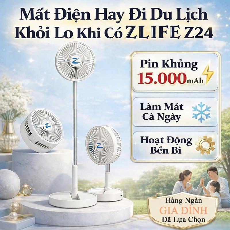 Quạt tích điện gấp gọn Zlife Z24 pin 15000mah sử dụng 8-24 tiếng, kéo cao 1 mét, Quạt sạc mini để bàn Zlife