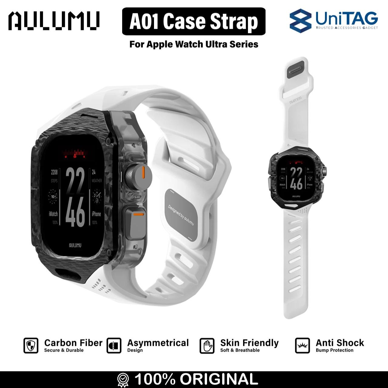 Aulumu Apple Watch Ultra 49mm (Series 3 / 2 / 1) Case Strap A01 Carbon Fiber | FKM Band - White A01-CF-WT