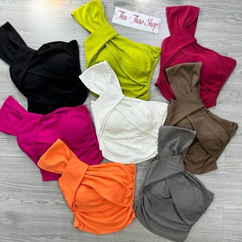  Áo ống lệch vai 1 bên có bo nhúng eo 2 bên kèm mút đệm fom ngắn trên rún fom dưới 50kg 