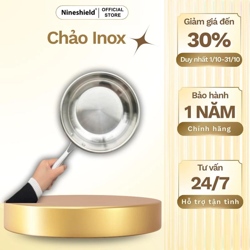 Chảo Inox 304 NINESHIELD KB-28M - Cấu Tạo 3 Lớp Chống Dính Tự Nhiên, Cán Rỗng Cách Nhiệt, Dùng Cho Mọi Loại Bếp