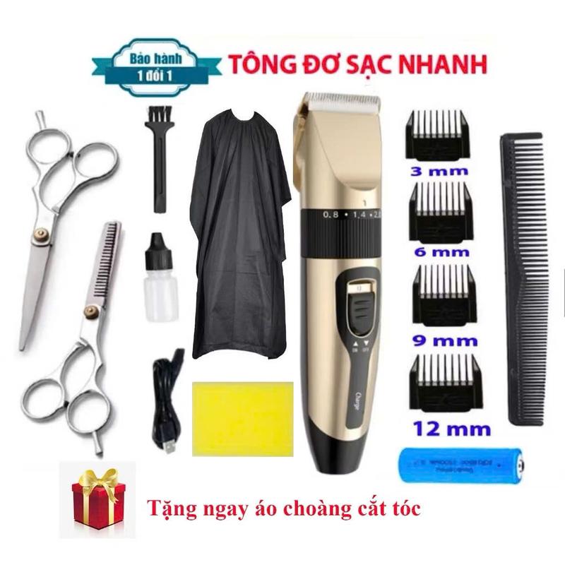 Combo tông đơ cắt tóc đầy đủ 9 phụ kiện 2 kéo tặng kèm áo choàng cắt tóc - Tông đơ gia đình