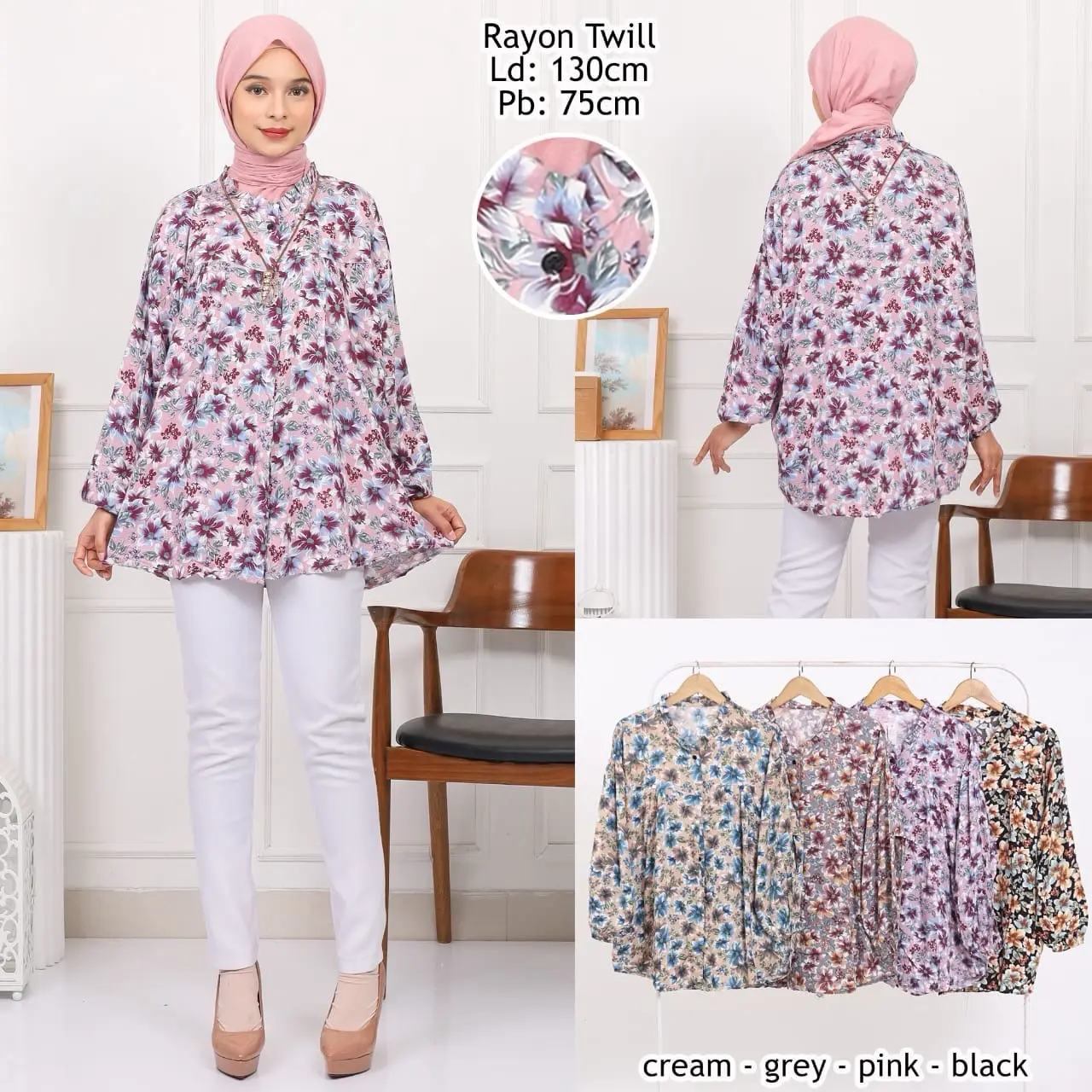 Atasan wanita motif kembang Katun rayon twill