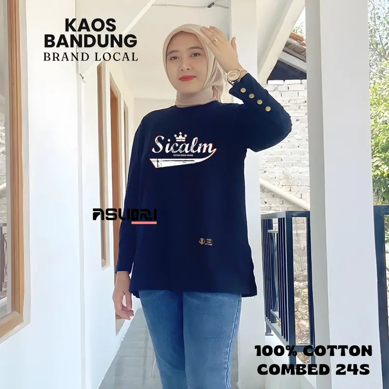 baju atasan wanita longsleeve jumbo wanita tangan kancing baju atasan tshirt cewek lengan panjang motif sablon  variasi kancing premium Kaos Oversize Dewasa 4