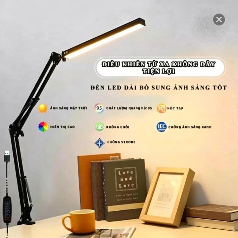 Đèn kẹp bàn học LED đen 37cm, 3 màu, 10 cấp sáng, remote, chống xanh, chống nháy, bảo vệ mắt, USB 5V, 12W, góc rộng.