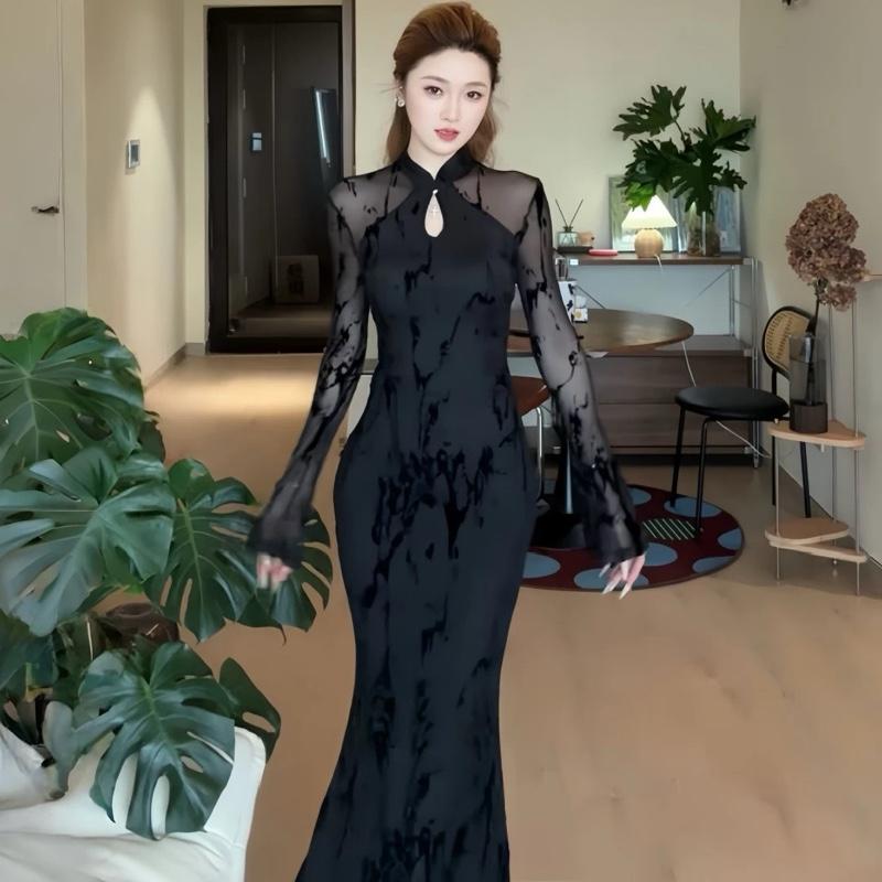  VÁY BODY SƯỜN XÁM TAY DÀI D224  LƯỚI ÉP NHUNG SÓNG  Đầm body thiết kế sườn xám thu đông hoạ tiết sóng hot ulzzang    SIMIHOUSE   