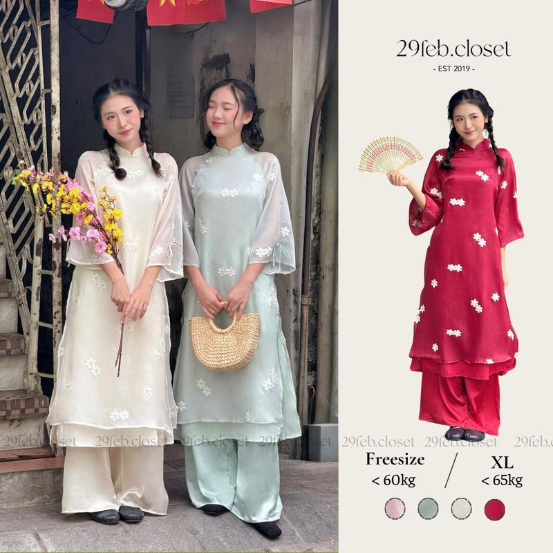  Áo dài tơ thêu Mạn Hoa ống tay loe phối nơ có kèm quần lụa Satin - 29feb.closet - AD004 
