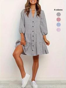 Vestido camisero con volante y estampado de cuadros para mujer, Vestido corto informal con manga obispo y cuello con muesca para primavera y otoño, Ropa de mujer para el día a día