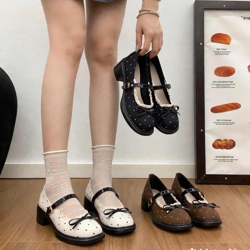 Giày Cao Gót Mary Jane chấm bi viền bèo đính nơ