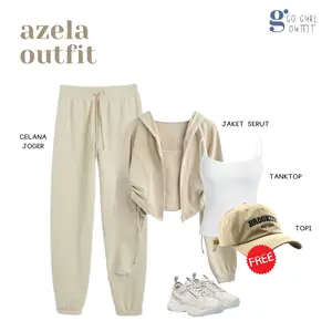 One Set Outfit Sporty Wanita Terbaru (Jaket Serut Cream, Celana Jogger Pants, Tanktop Rib) - GGO13