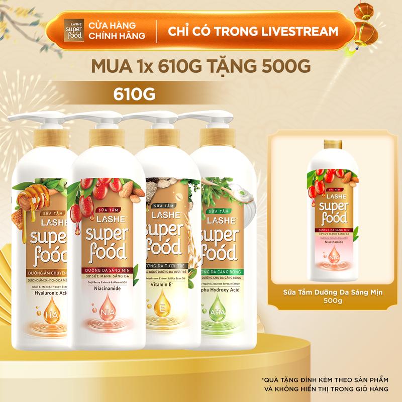 Sữa Tắm LASHE SUPERFOOD 610G Tặng Sữa Tắm LASHE SUPERFOOD Dưỡng Da Sáng Mịn 500G S