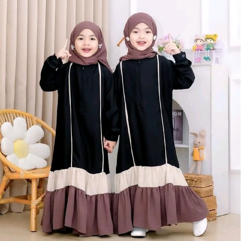 Gamis Lebaran Anak Perempuan Simple Elegan Untuk Anak Usia 6 7 8 9 Tahun Fahira Kids Abaya Set Hijab Bahan Crinkle Resleting Depan Bagian Tangan Karet Pakaian Muslim Anak Perempuan Kekinian 2