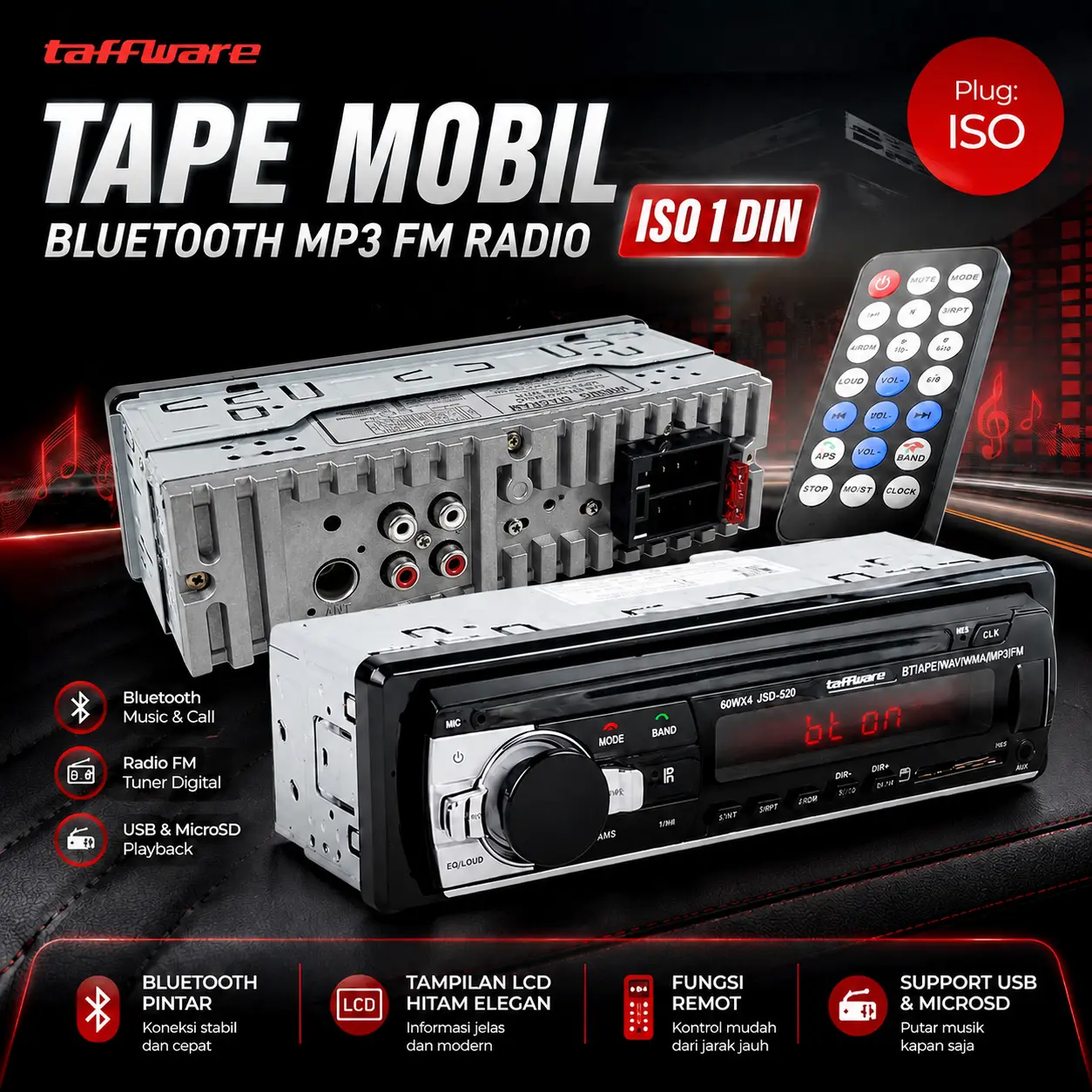Taffware Tape Audio Mobil Bluetooth USB MP3 FM Radio JSD-520 dengan LCD Display & Remote Kontrol Jarak Jauh