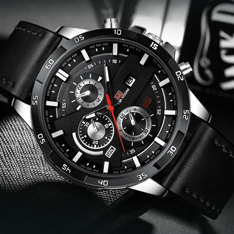 Jam Tangan Pria Asli Tahan Air Premium Original Vavavoom Tali Kulit Import New model Terbaru Fashion Kasual Sporty Stainless Steel Anti Karat Quartz Analog Kalender Aktif Luminious Bercahaya Kaca Tebal Aksesoris Arloji Men Watches Cowok Formal Bisnis -JV1 2