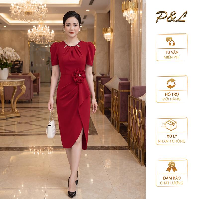 Váy Đầm Dự Tiệc Trung Niên Thiết Kế Cao Cấp Cổ Tròn Phụ Kiện Bông Eo PL07 Women Nữ Dress
