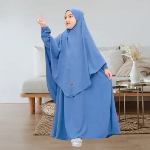 Khadijah Set gamis syarii plus hijab anak perempuan Muslim Crinkle Airflow Baju 1