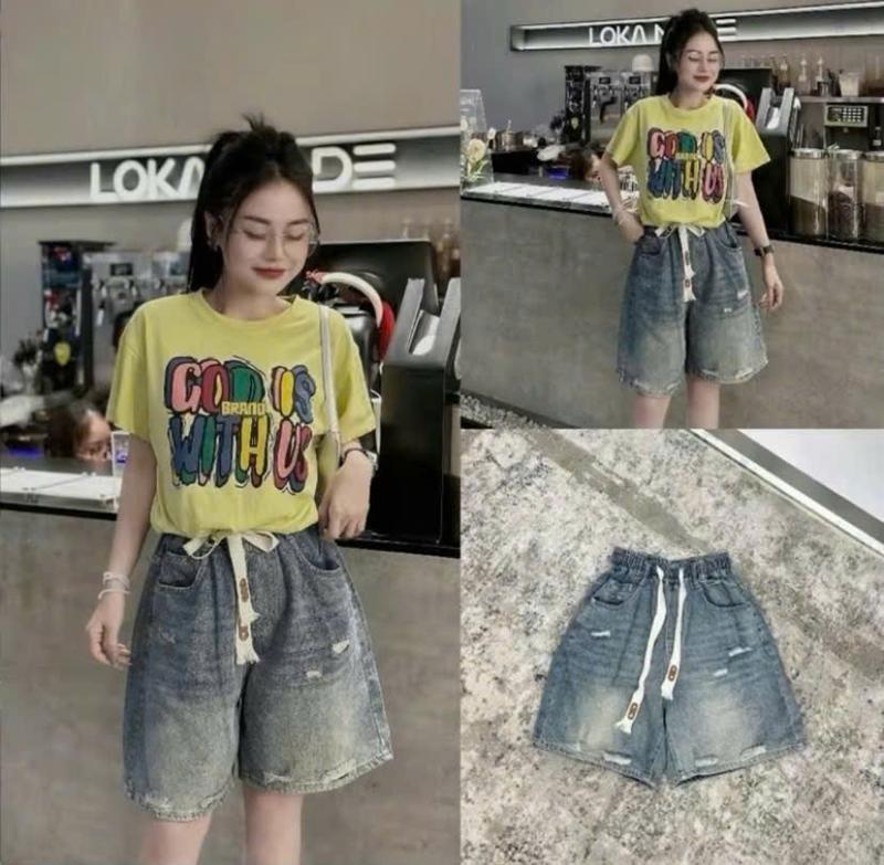 Quần short jean nữ quần bò ngố phối cào rách cạp chun co giãn thoải mái bigsize 40-75kg