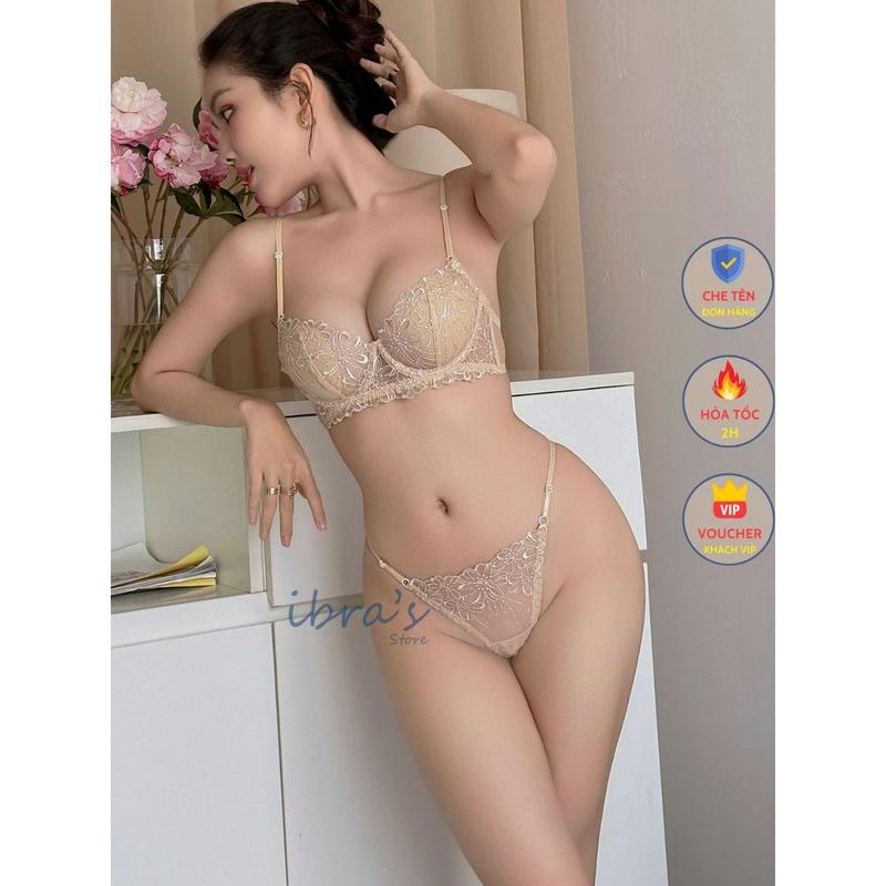 Bộ Đồ Lót Nữ Ren Hoa Thêu Lưới Xuyên Thấu Sexy iBra Áo Có Gọng Không Mút và Quần Lọt Khe Dây Hông Gợi Cảm Quyến Rũ E38