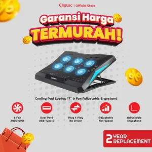 Cliptec Cooling Pad Laptop 17" 6 Fan Adjustable Ergostand Dual Port USB HUB 2400 RPM RZC180 Garansi 2 Tahun Computer