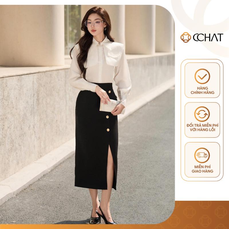   TREND25  Chân Váy Nữ CCHAT Dáng Suông Ôm Eo Xẻ 4 Khuy Chất Tuytsi 24CDS2013ST 