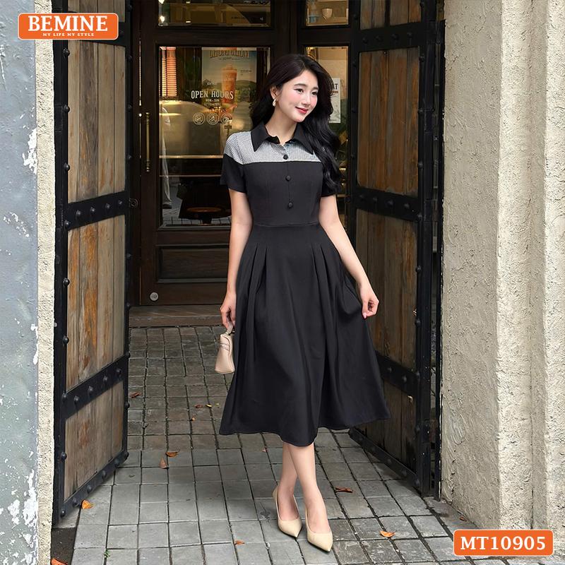 Đầm thiết kế BEMINE cổ đức phối caro dáng chữ A phù hợp đi làm-MT10905