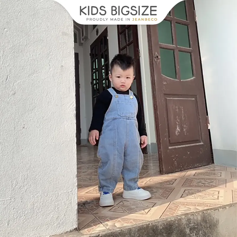 Quần yếm jeans hai dây KIDS BIGSIZE, yếm jean dáng dài cho bé gái bé trai màu xanh phối viền line form rộng QYD010 8