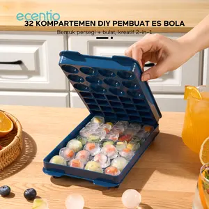 ecentio 32 Kompartemen DIY Pembuat Es Bola: Bentuk persegi + bulat, kreatif 2-in-1 Menggunakan bahan food grade, bebas BPA