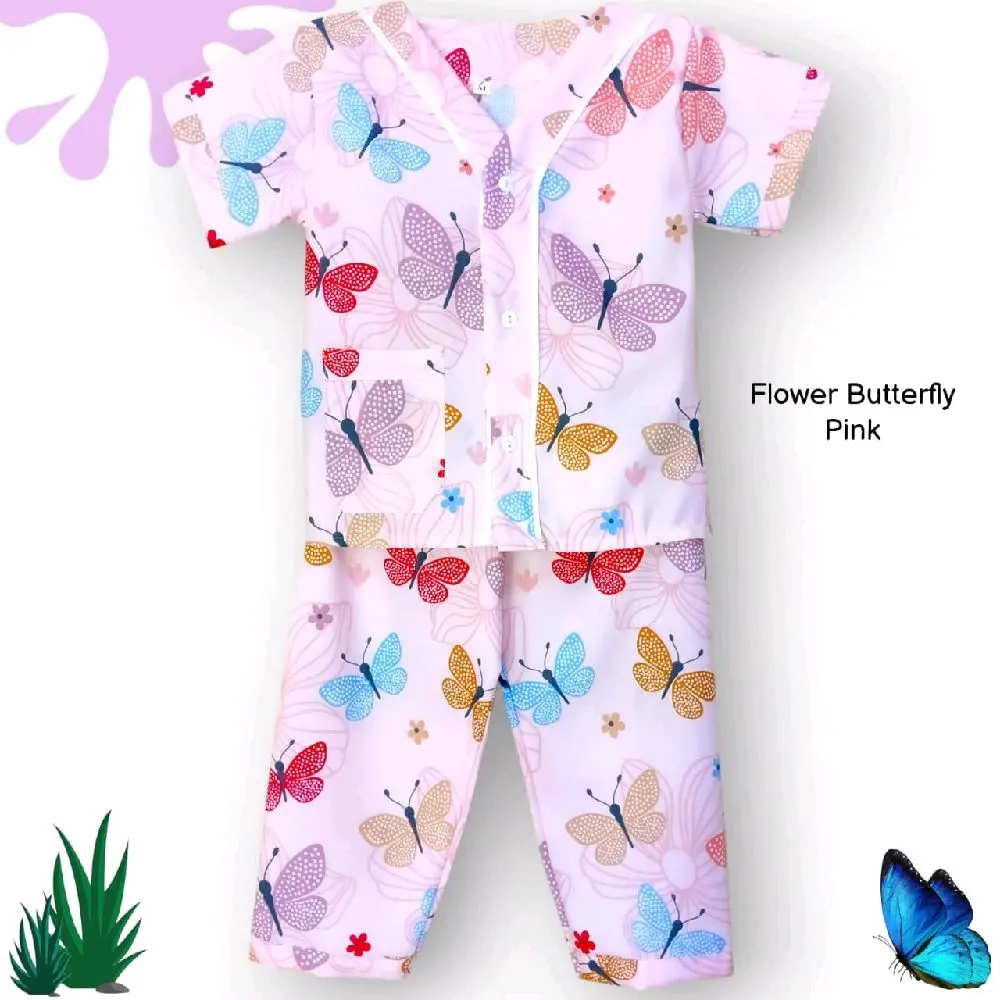 setelan baju tidur anak perempuan motif kupu-kupu tanpa kerah usia 1-12 thun lengan pendek fashion anak cewek