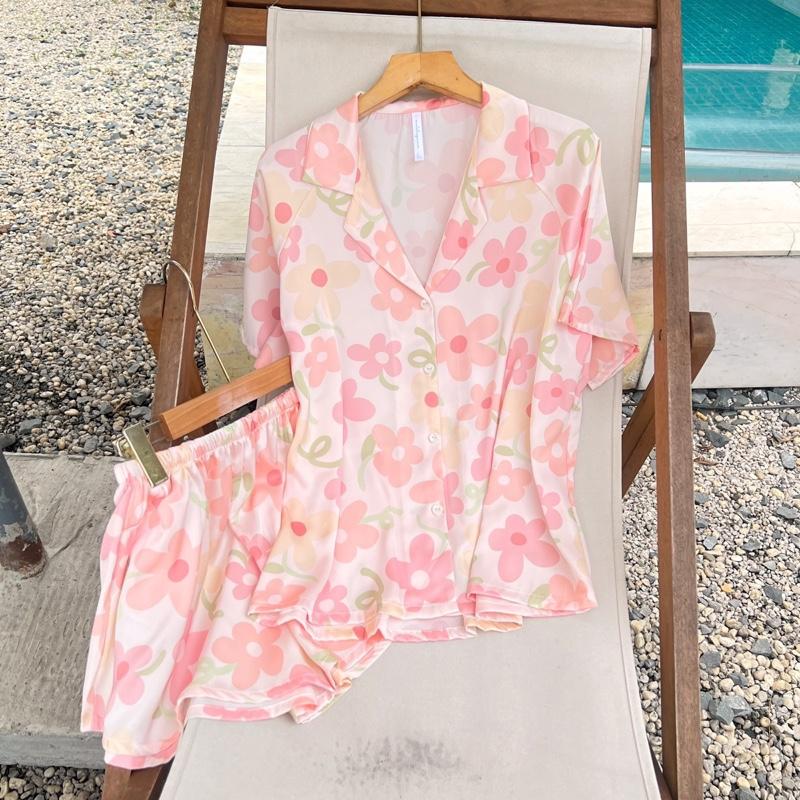  Maisleepwear Pijama Áo Tay Ngắn Quần Ngắn Kiểu Ráp Lăng Họa Tiết Lụa Mặc Nhà MS1261 