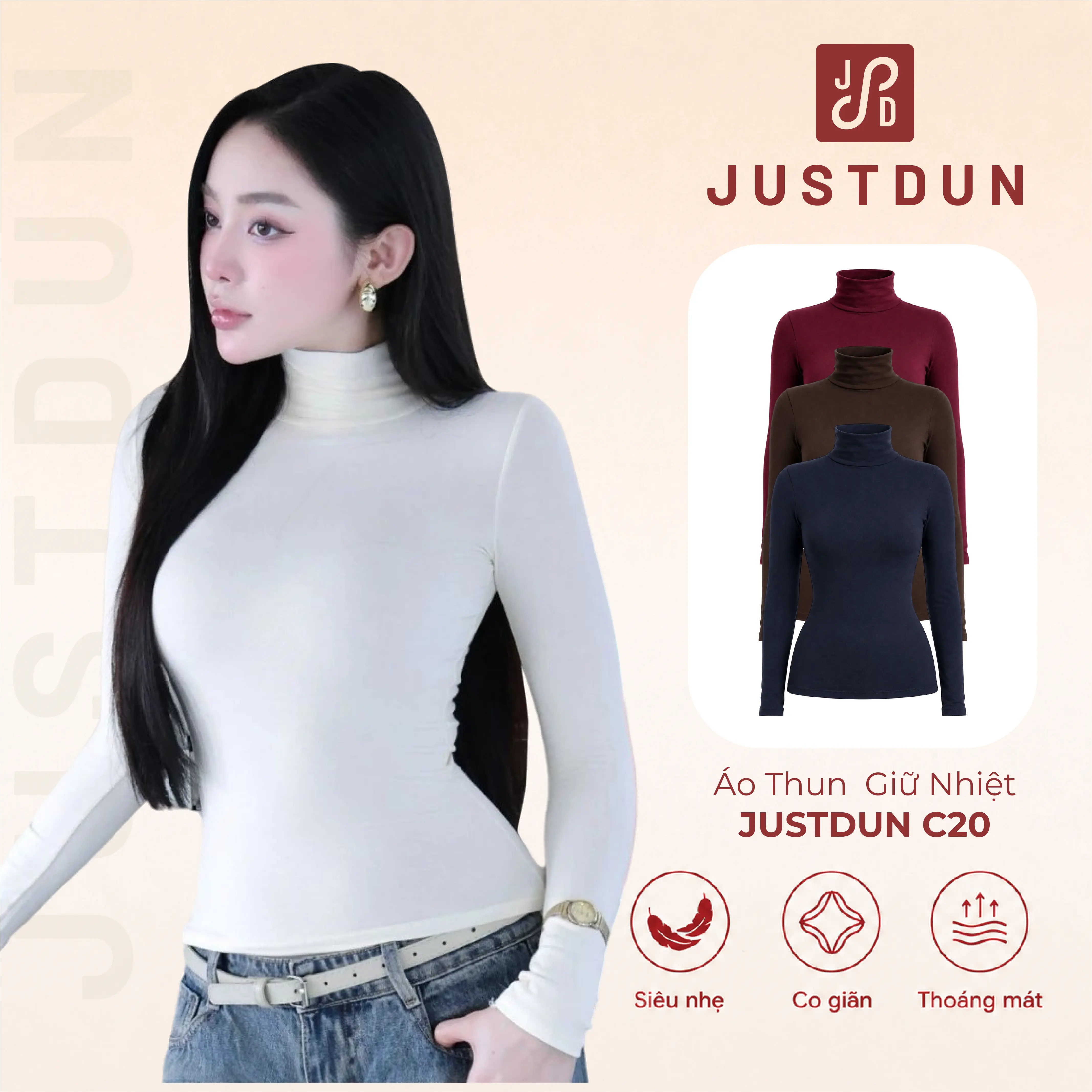 [DEAL XẢ KHO] Áo Thun Ôm Body Giữ Nhiệt Cổ Cao 8 Phân, Tay Dài JUSTDUN C20 – Chất Cotton Dày Dặn, Tôn Dáng