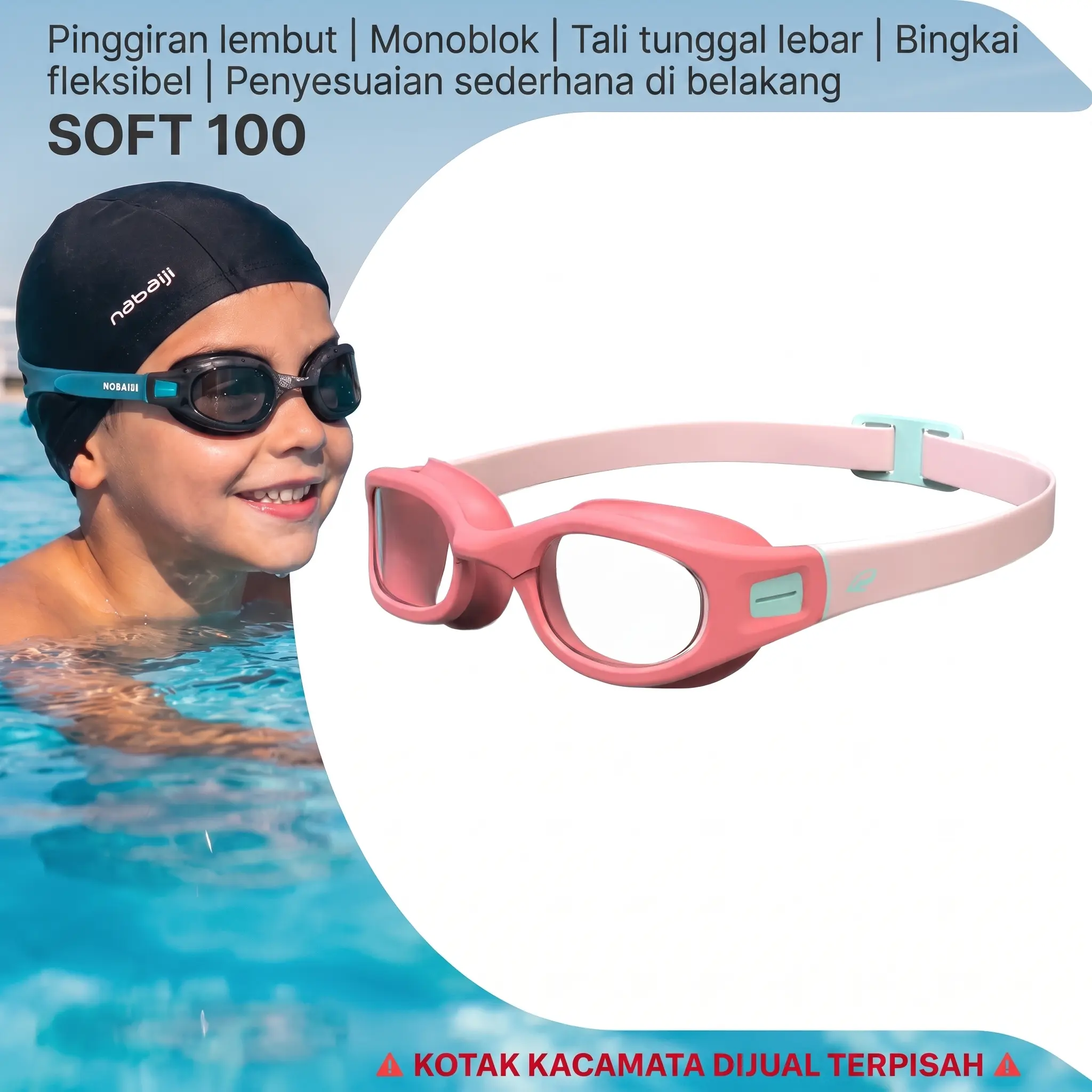 Decathlon TRIBORD Kacamata Renang Anak Soft 100 - Lensa Abu-Abu - Ukuran S Pink/Tosca - 8819471