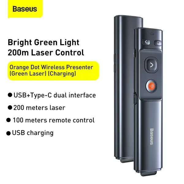 POINTER BASEUS ORANGE DOT WIRELESS PRESENTER GREEN LASER GREY