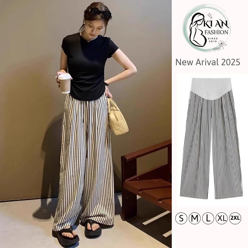 Quần Bầu Kẻ cao cấo KIAN thiết ống suông rộng chất đũi xốp mềm mịn quần bầu có đáp bụng có chun chỉnh bụng thoải mái