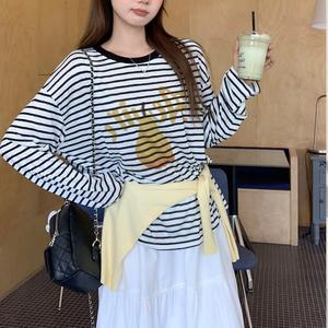 Women's & Striped Round Neck Long Sleeve Letter Print T-Shirt, Fall New Inner Layer Loose Fit Top, Casual Women's Clothing 3623 Womenswear Crewneck