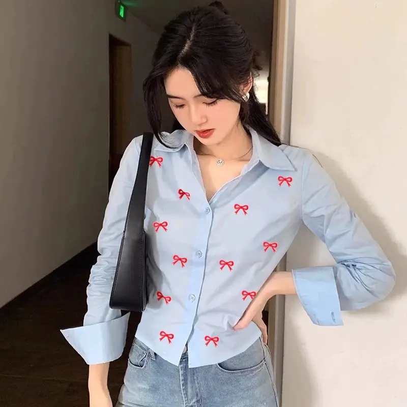 Kemeja Crop Top Ribbon Red /Atasan Casual Wanita Crop Tee Pita XL 3