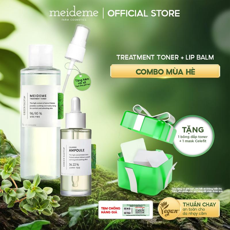   Combo Xử Lý Mụn  Toner MEIDEME Green Salvia Treatment Toner 200ML + Tinh Chất Phục Hồi Da MEIDEME GREEN SALVIA CALMING AMPOULE   Tặng 1 Vòi Xịt Phun Sương +1 Bông Đắp Toner  