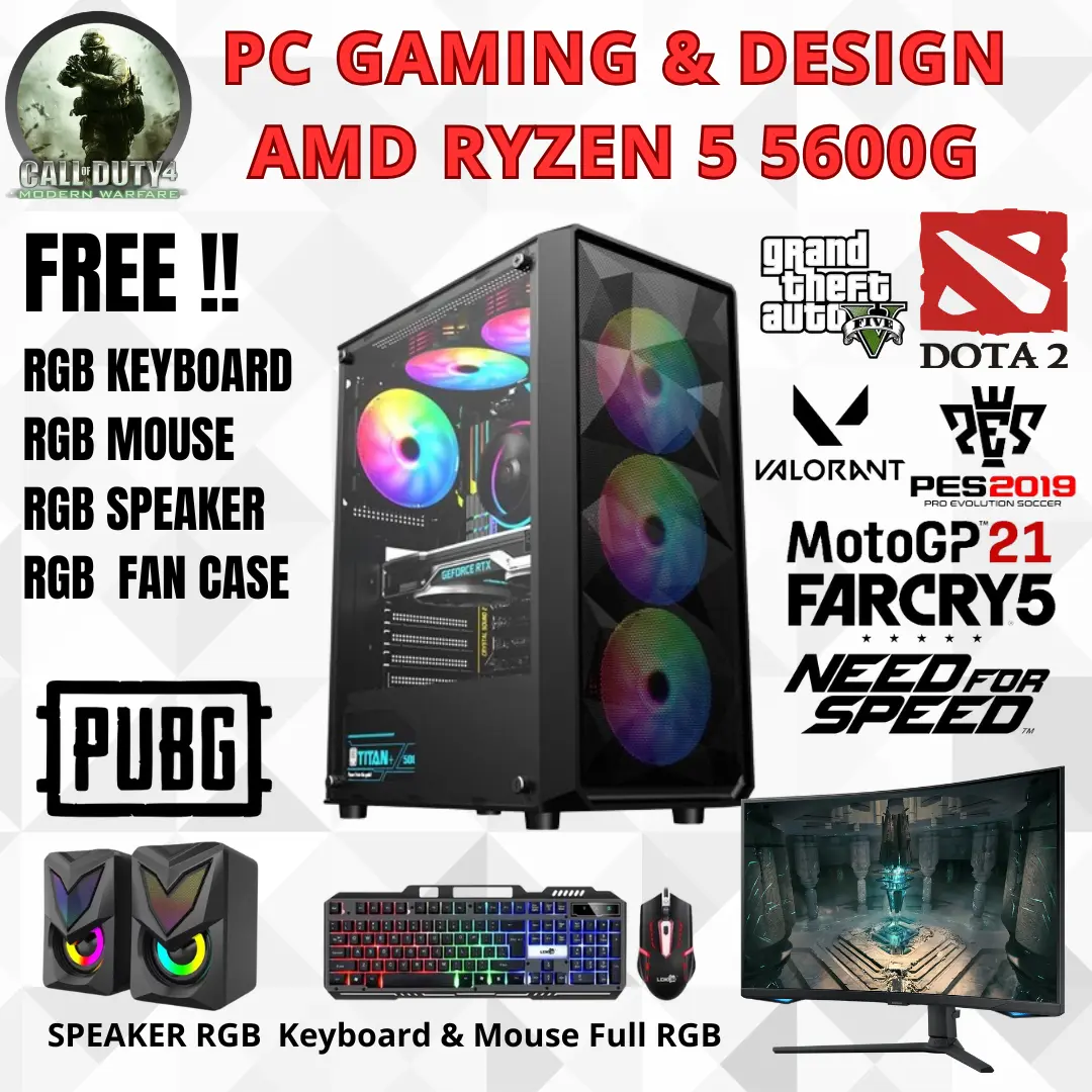 PC GAMING & DESIGN AMD RYZEN 5 5600G 4600G SSD NVME 1TB HDD 500GB LED 24 inch Mouse Keyboard Gaming full set