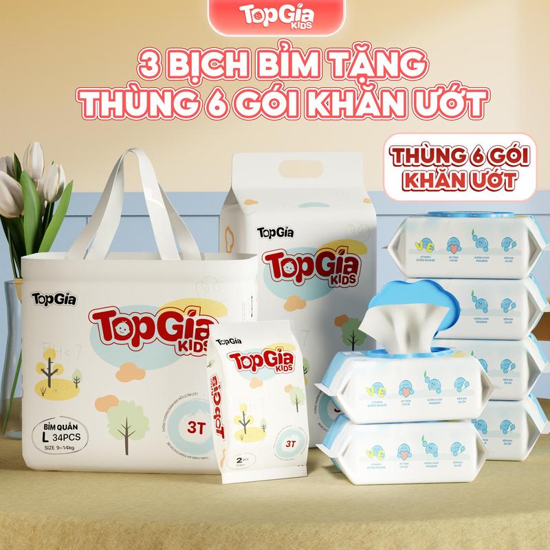 TẶNG THÙNG 6 BỊCH KHĂN ƯỚT 3 Bịch Tã Bỉm TopGiaKids pH < 7 ngừa hăm đai chun đệm mây mềm mại co dãn 4 chiều thấm hút bề mặt khô thoáng size S đến XXXL cho bé từ 4-20kg BO HN