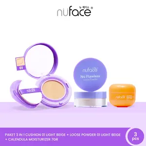[FYC] [3IN1] Nuface Flawless+ Serum Cushion + Nu Flawless Loose Powder Light/Medium/Warm Beige + Calendula Moisturizer 7gr - Cushion Foundation Concealer dengan Serum Formula SPF 30 PA+++ Extra Chamomile yang Mencerahkan Cegah Kusam Melembabkan Seharian