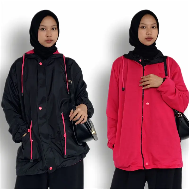 Jaket Wanita Bb 2 in 1 Bolak Balik Parasut Warna Hitam Pink Size L-XL-XXL 0